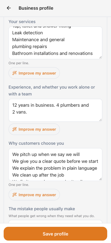 Business profile showing services, experience, why customers choose you and Improve my answer tools — BlueTap Plumbing demo