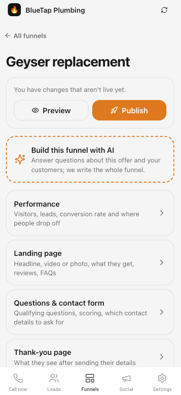 Build and edit your funnel — BlueTap Plumbing demo