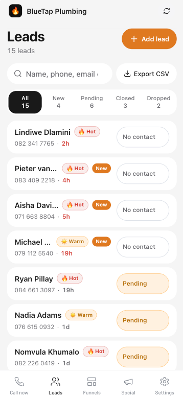 Every enquiry, in one place — BlueTap Plumbing demo