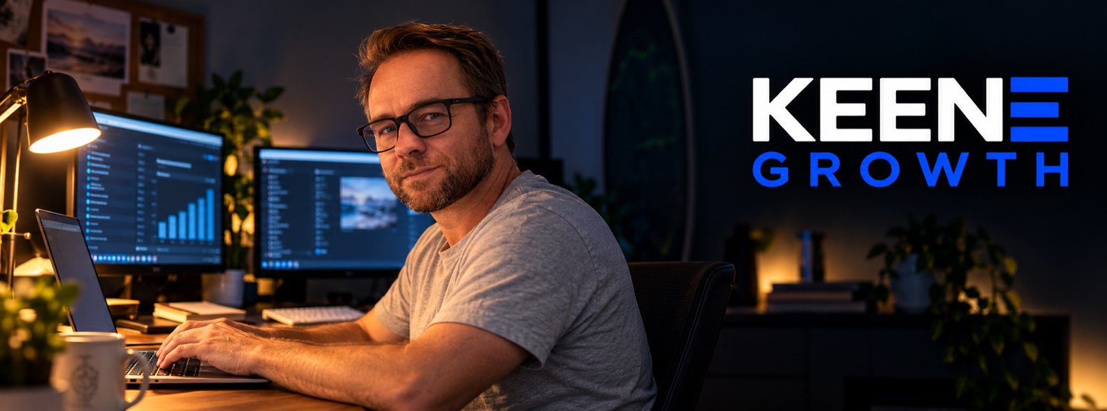 Darryn Mountfort working at his desk in his home office, with code and analytics dashboards on screen
